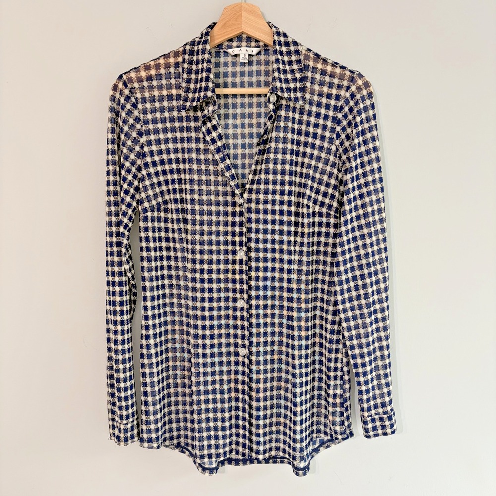 Cabi Blue White Mesh Top Check Print Sheer Long Sleeve Collar Size S